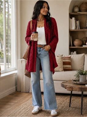 APT Designs Red Textured Bubble Knit Open Front Cardigan Duster S/M